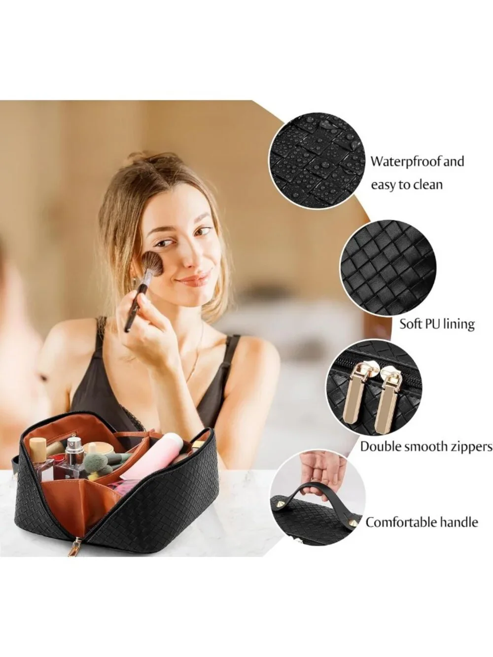 Large Capacity Waterproof Makeup Bag - Portable Organizer with Dividers & Handle